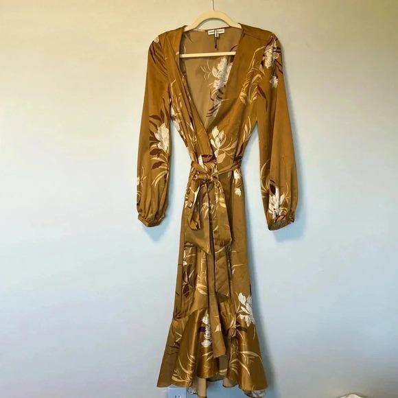 Express x Rocky Barnes gold  floral ruffle wrap dress XS/S - Picture 2 of 7